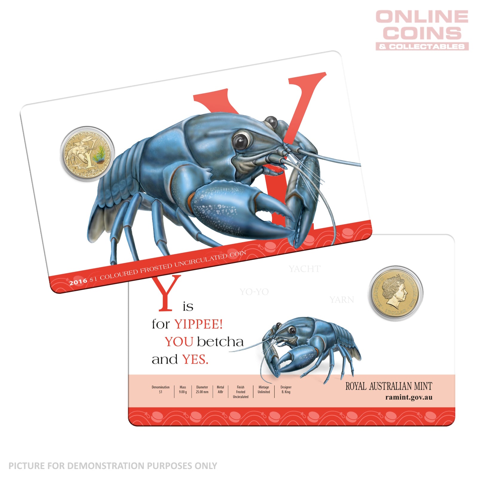 2016 $1 Coloured Alphabet Frosted Coin In Card - Y for Yabby